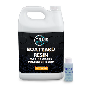 True Composites Boatyard Resin bottle with a smaller bottle of MEKP on a white background