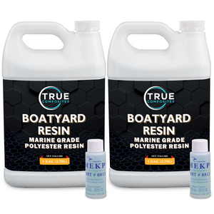 Two gallon jugs of True Composites Boatyard Resin with smaller two ounce bottles on a white background.
