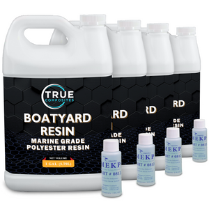 Four gallons of True Composites Boatyard Resin set with gallon containers and smaller MEKP bottles on a white background.