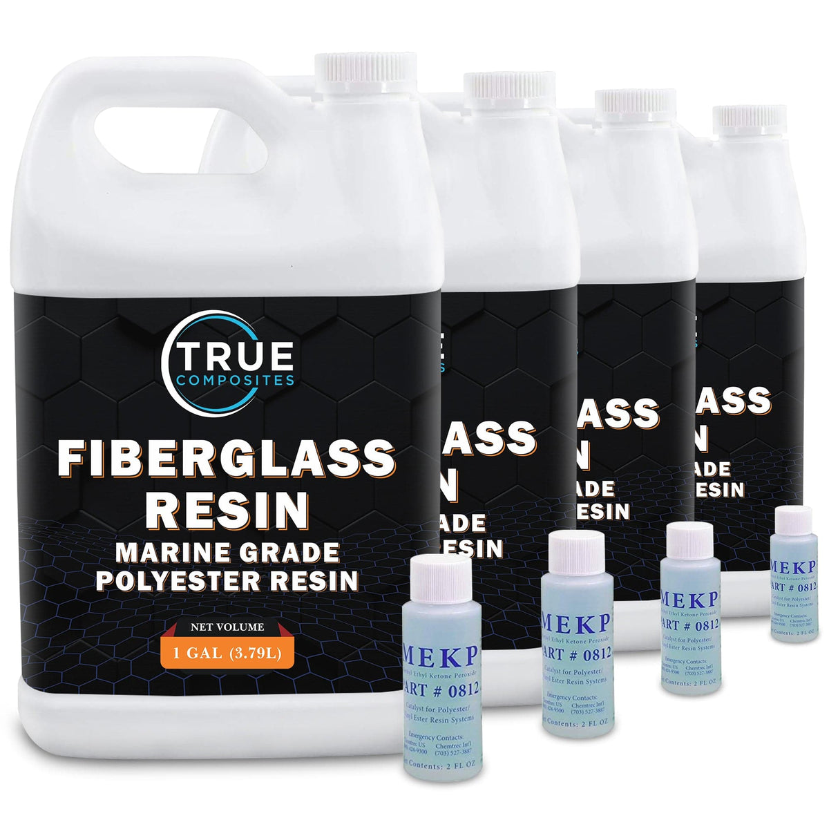 Four gallon jugs of True Composites Fiberglass Resin Marine Grade Polyester Resin with four MEKP catalyst bottles sitting next to them with white background.