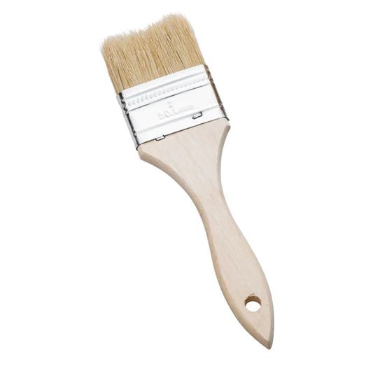 Versatile brush with wooden handles and high-quality bristles for paint, stains, and resins.